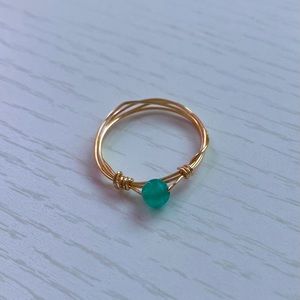 Teal jade beaded gold ring